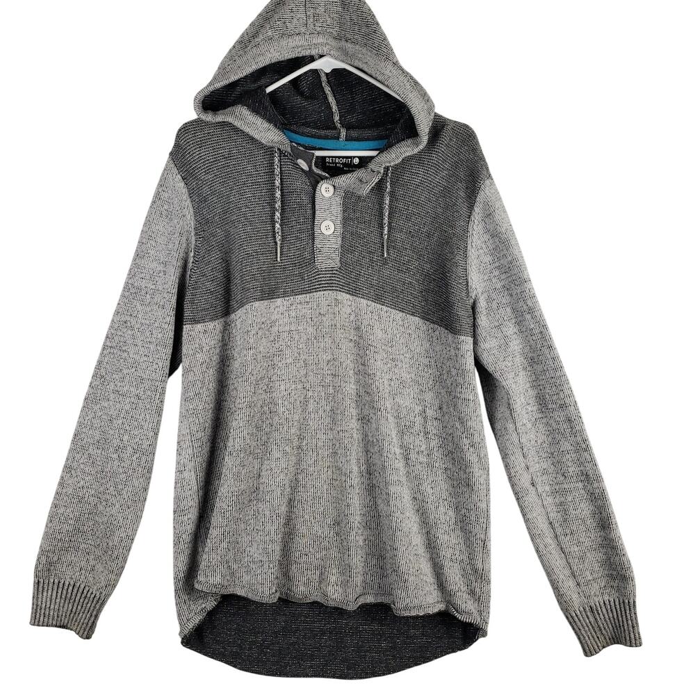 Retrofit Men's L Pullover Hoodie Sweater‎ Two Tone Gray Colorblock Button Neck